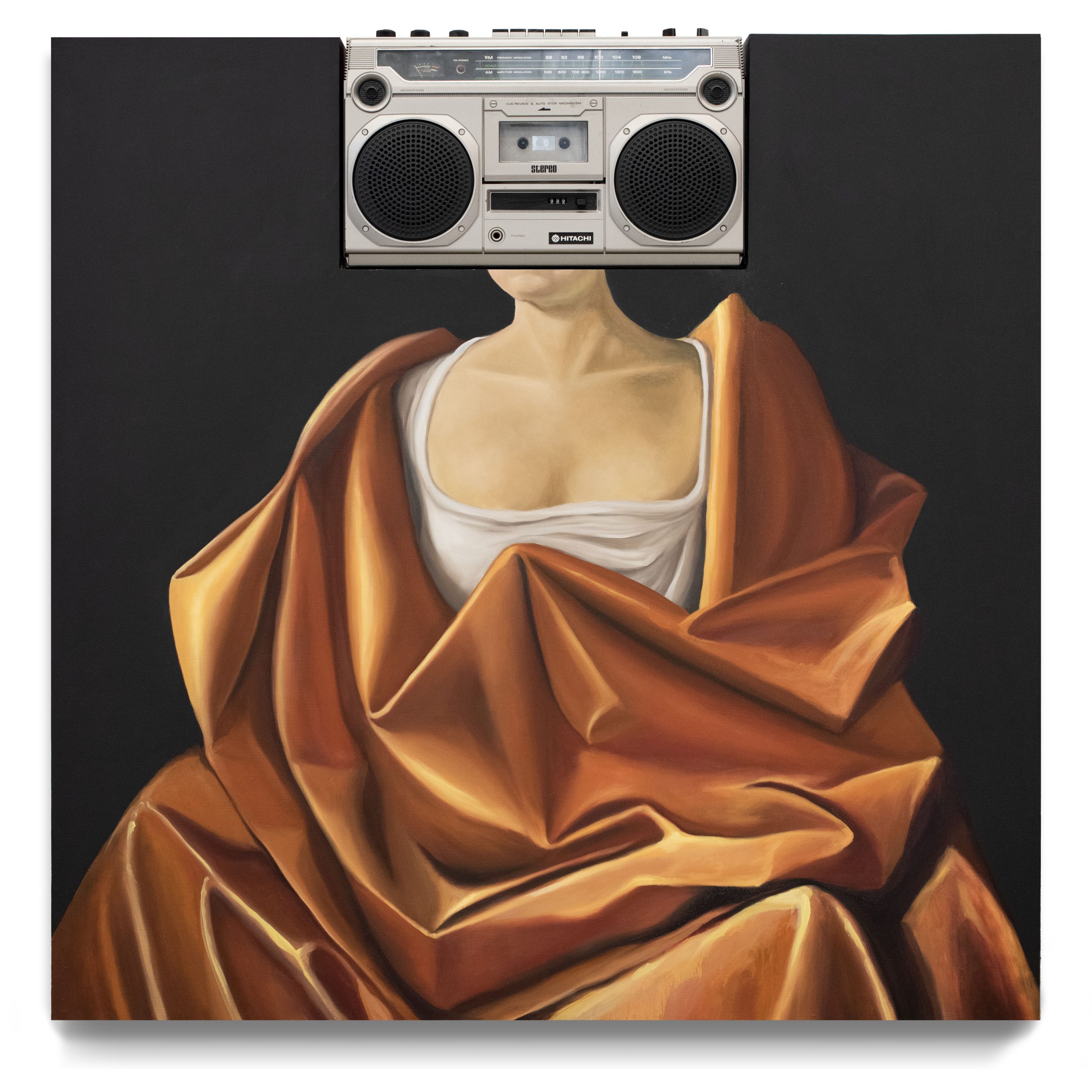 painting of a woman wrapped in an orange blanket. the custom panel is cut out so that a stereo is where her head should be