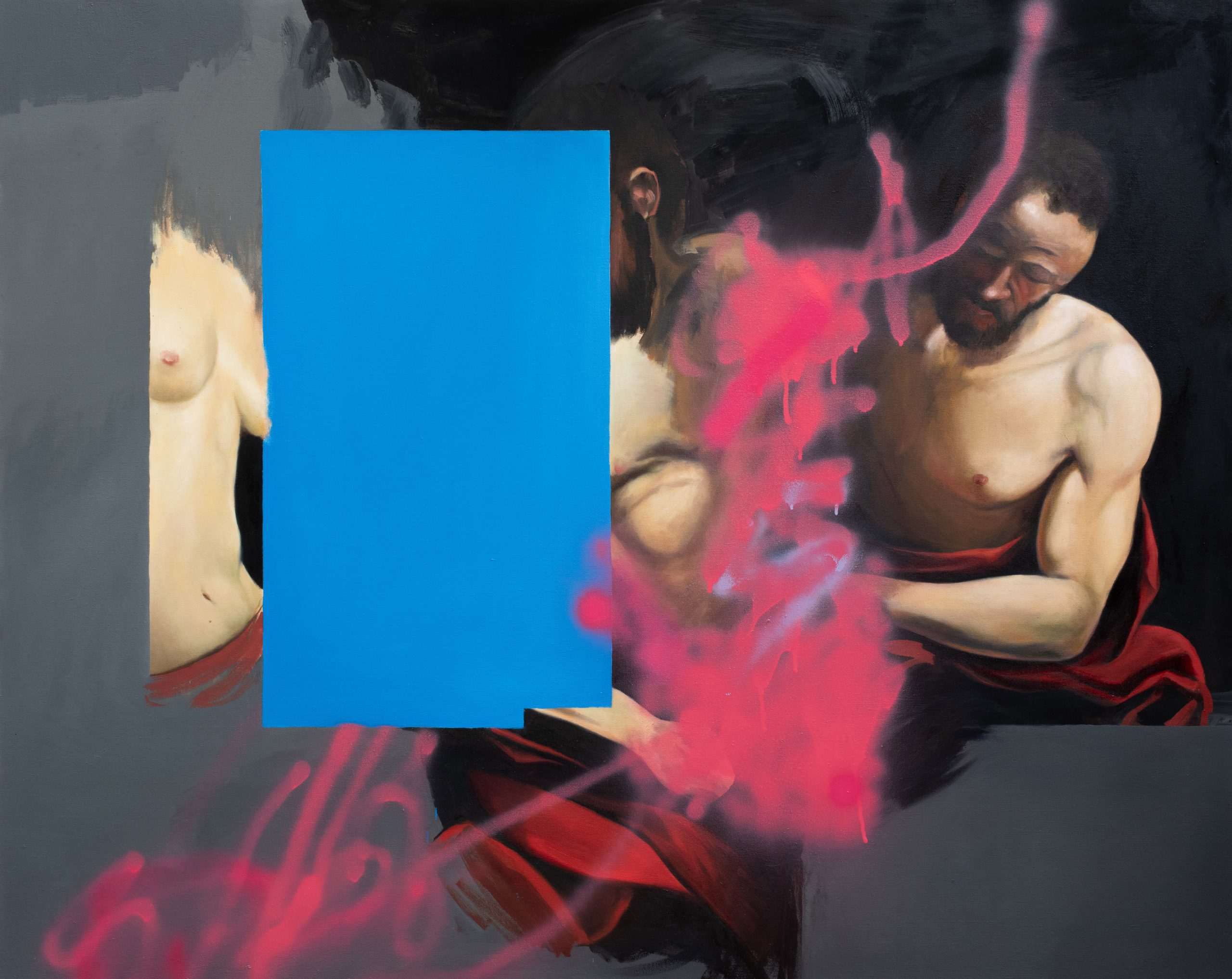 a painting of two men and a women, all topless, in the style of Caravaggio with magenta spray paint and a blue rectangle disrupting the surface 