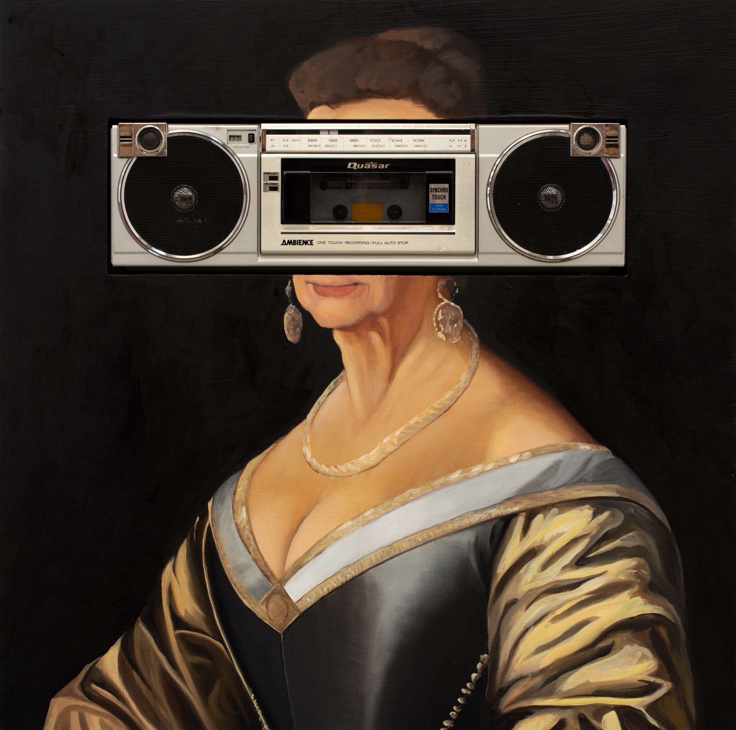 a painting of a woman perhaps a queen with a stereo set into the wooden panel where her face should be 