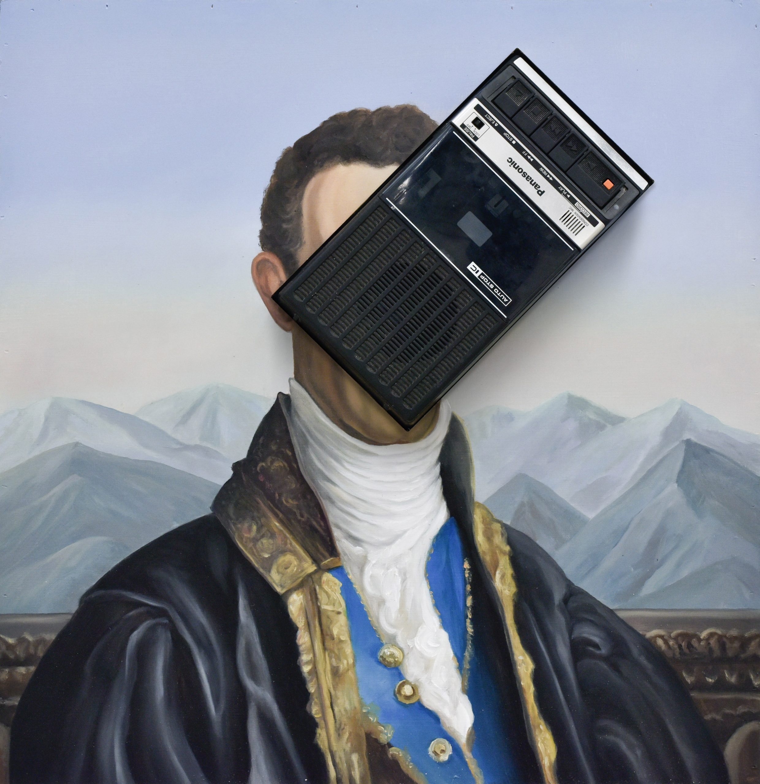 an oil painting of a man with a tape recorder for a head