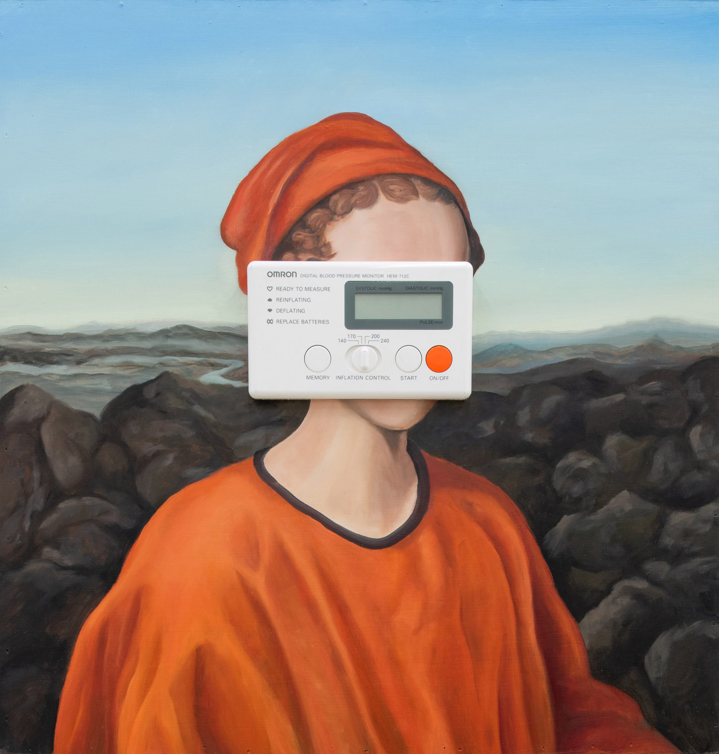 painting of a woman with a blood pressure monitor instead of a face